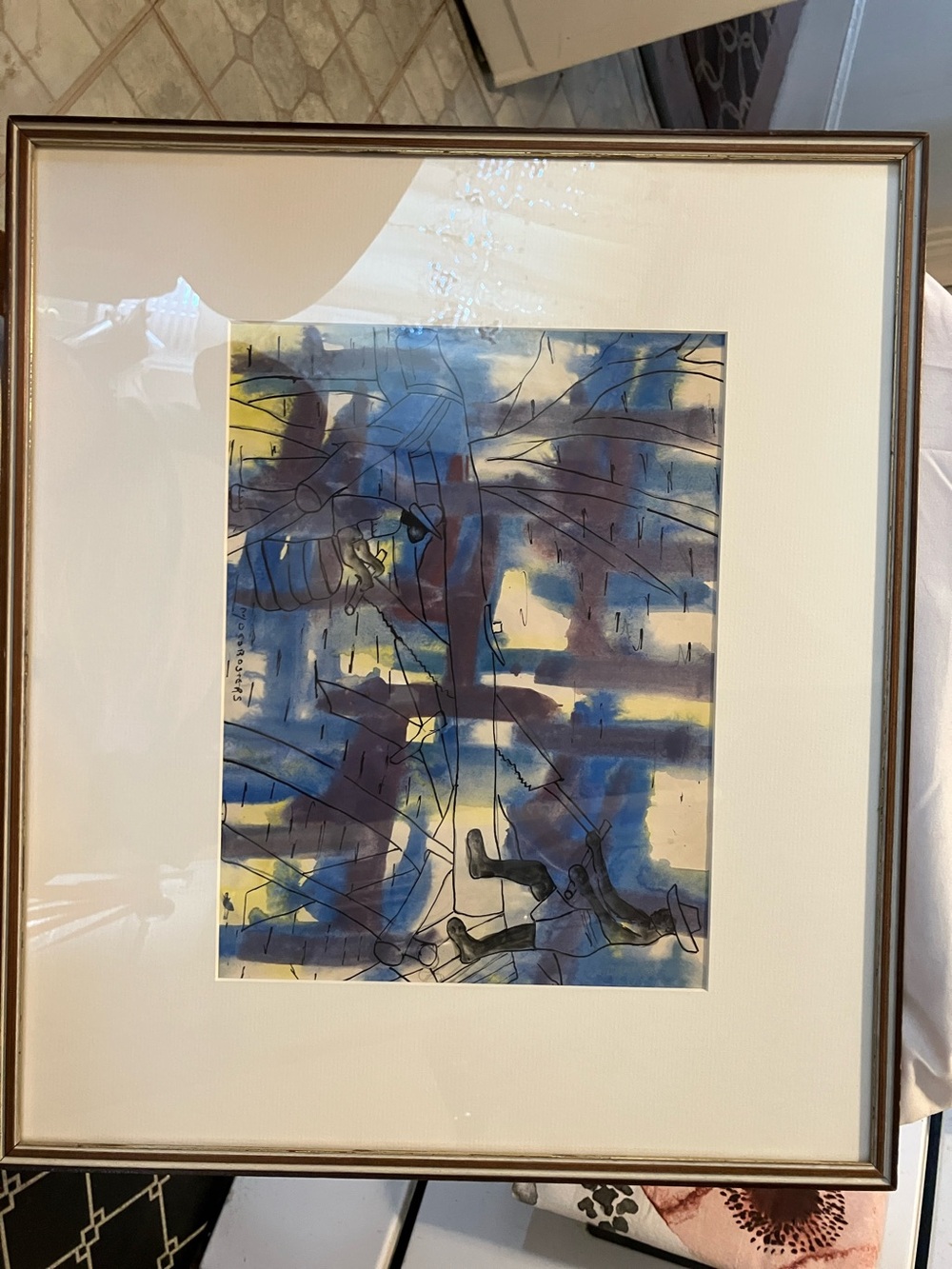 Older Moes Rosters glass framed. 16”-18”. Signed watercolor with double frame